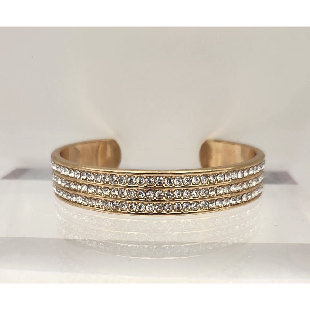 Vintage Gold Tone Rhinestone Cuff Bracelet Open Bangle Crystal Pave Statement